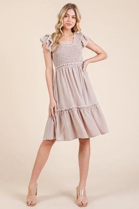 Lime 'N' Chili Ruffle Trim Smocked Dress with Contrast TAUPE