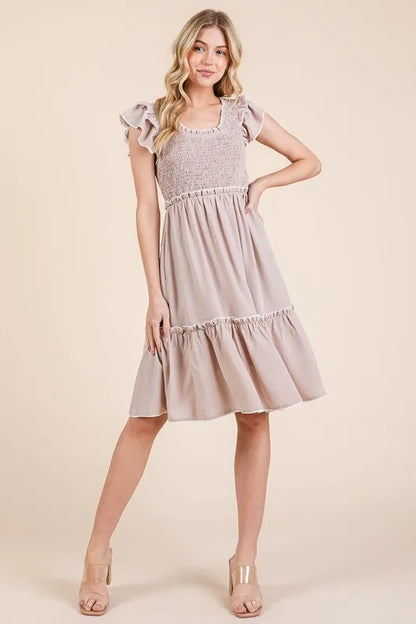 Lime 'N' Chili Ruffle Trim Smocked Dress with Contrast TAUPE