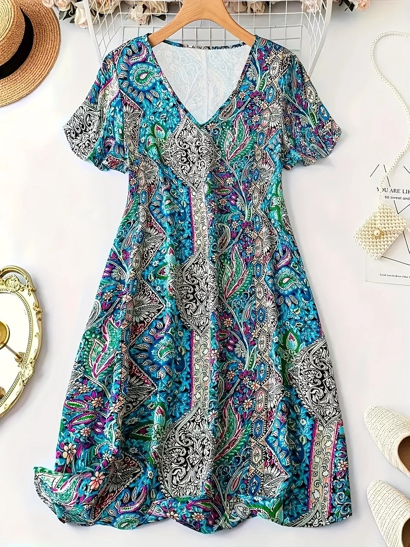 Plus Size Paisley Print V-Neck Short Sleeve Dress Peacock Blue