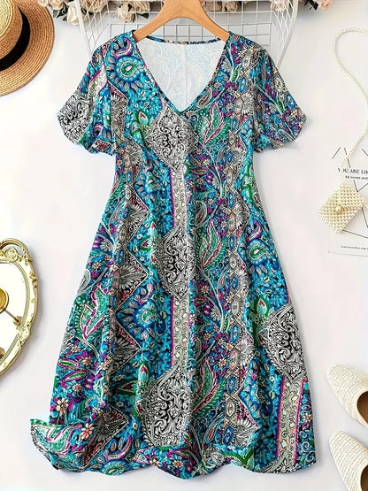 Plus Size Paisley Print V-Neck Short Sleeve Dress Peacock Blue