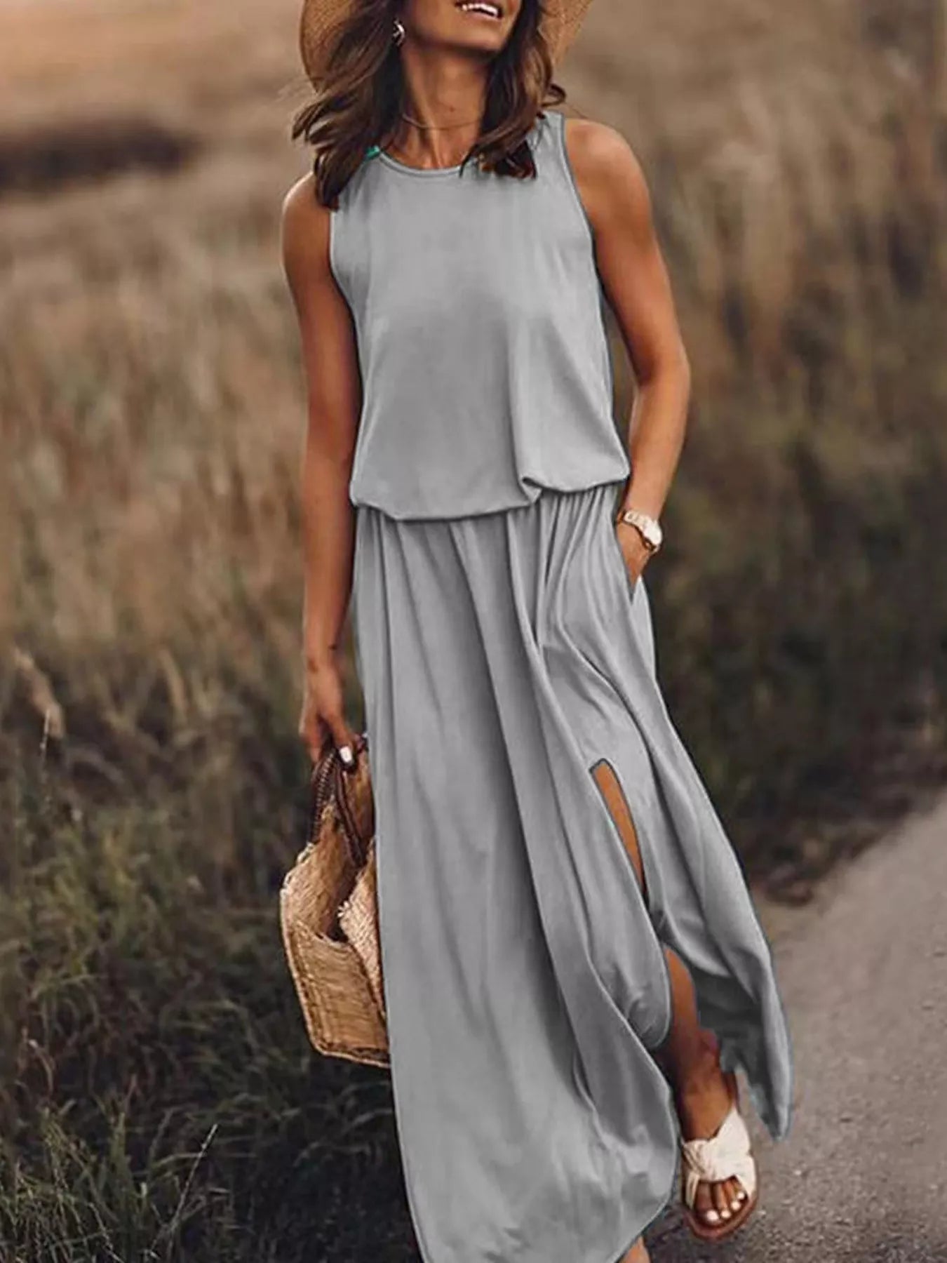 Full Size Round Neck Sleeveless Slit Maxi Dress Plus Size Grey
