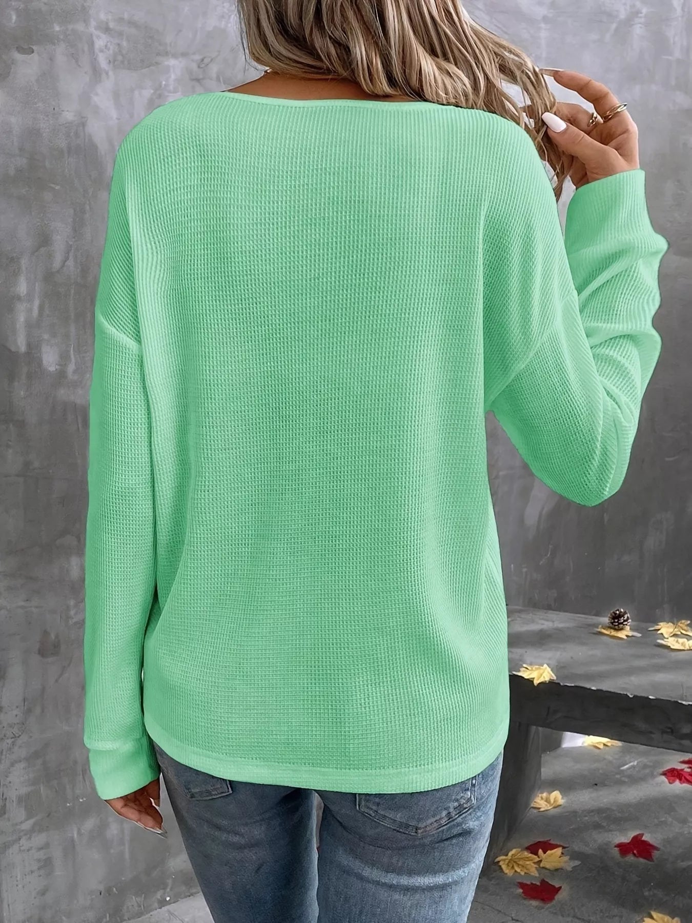 Plus Size V-Neck Long Sleeve Waffle Knit T-Shirt