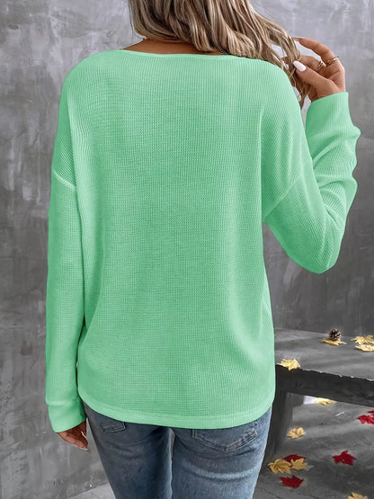 Plus Size V-Neck Long Sleeve Waffle Knit T-Shirt