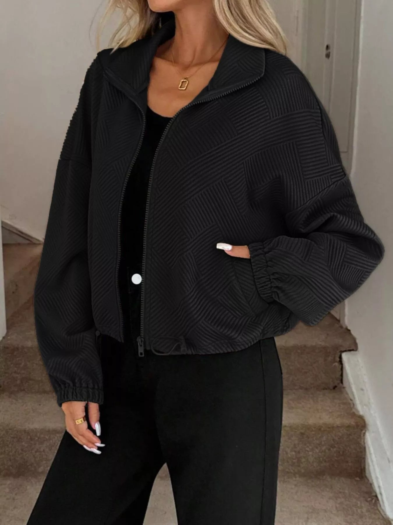 Textured Zip-Up Drawstring Hem Jacket