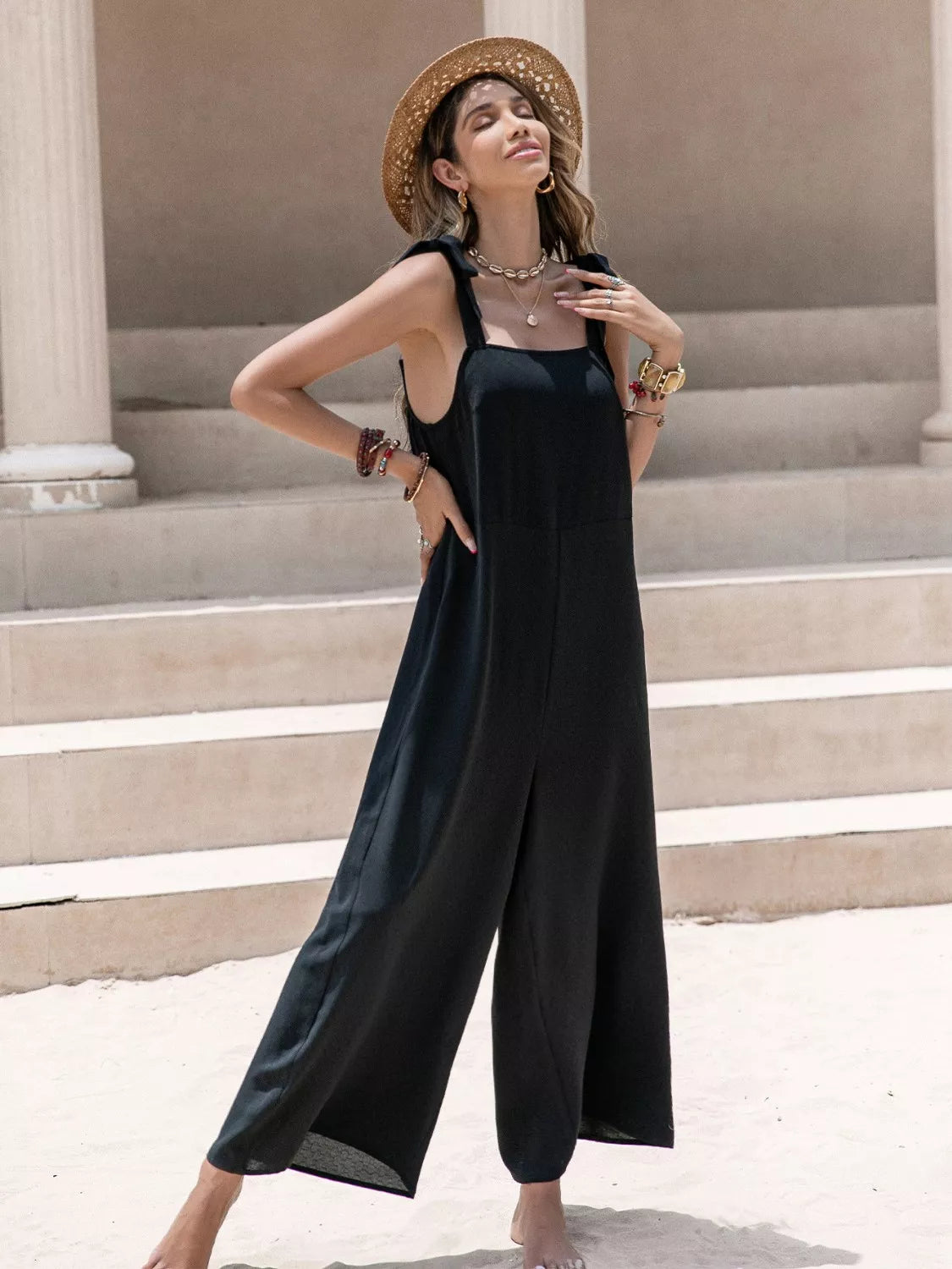 Sleeveless Wide Leg Jumpsuit with Tie Shoulder