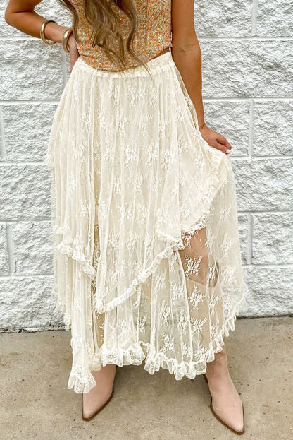 Lace Tiered Midi Skirt Ivory