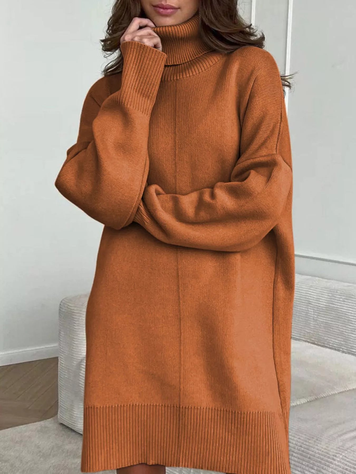Solid Color Turtleneck Drop Shoulder Loose Sweater Dress