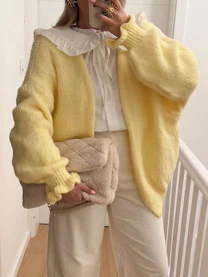 Open Front Ribbed Hem Cardigan Yellow