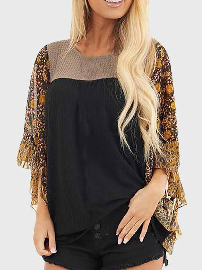 Full Size Printed Round Neck Three-Quarter Sleeve Blouse Black
