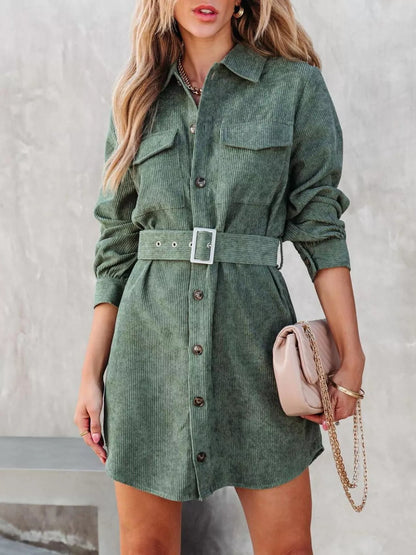 Button Front Belt Long Sleeve Corduroy Dress Green