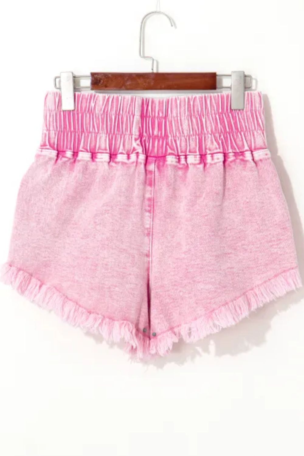 Washed Wide Smocked Waistband Frayed Denim Shorts