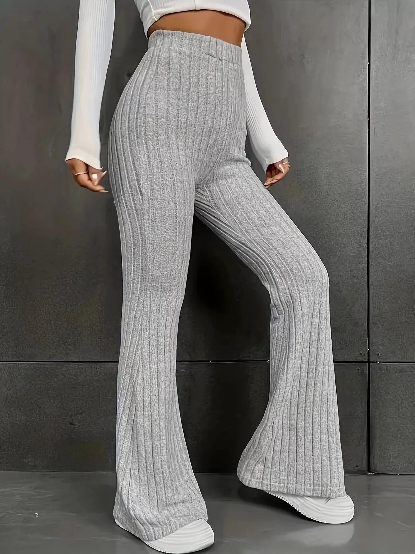 Plus Size Ribbed Knit High Waist Flare Pants