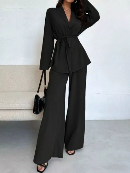 Front Tied Shirt and Wide-Leg Pants Set