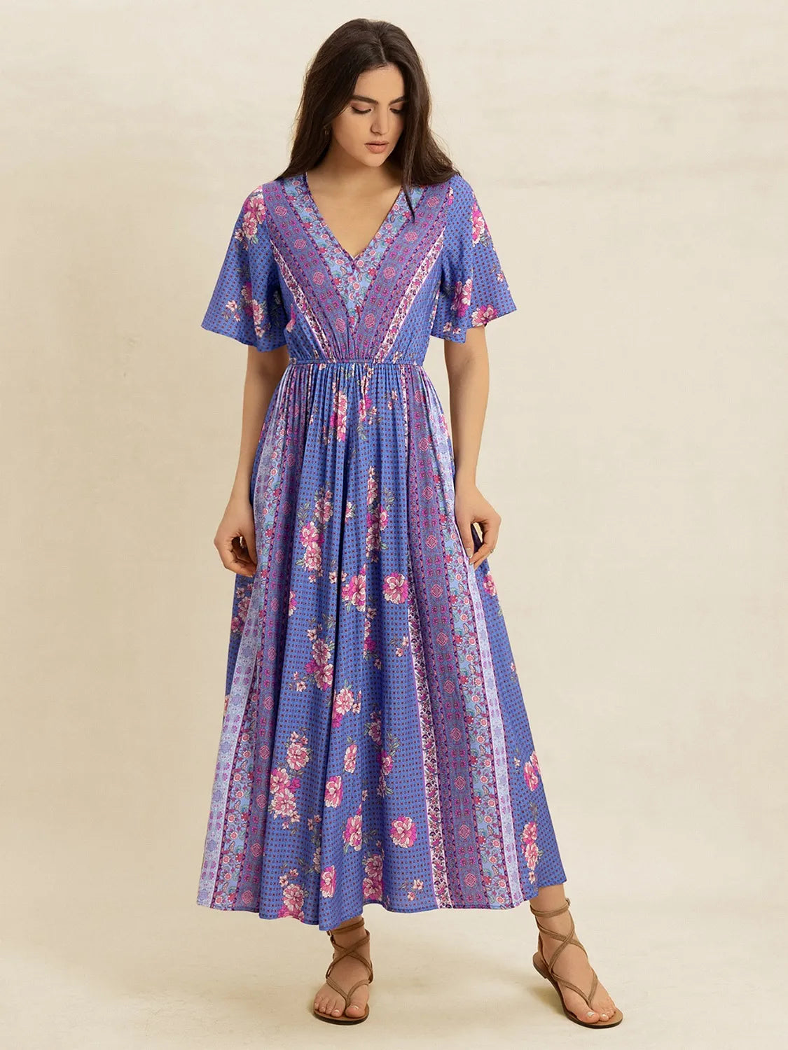 Printed Short Sleeve Midi Dress Blue Purple
