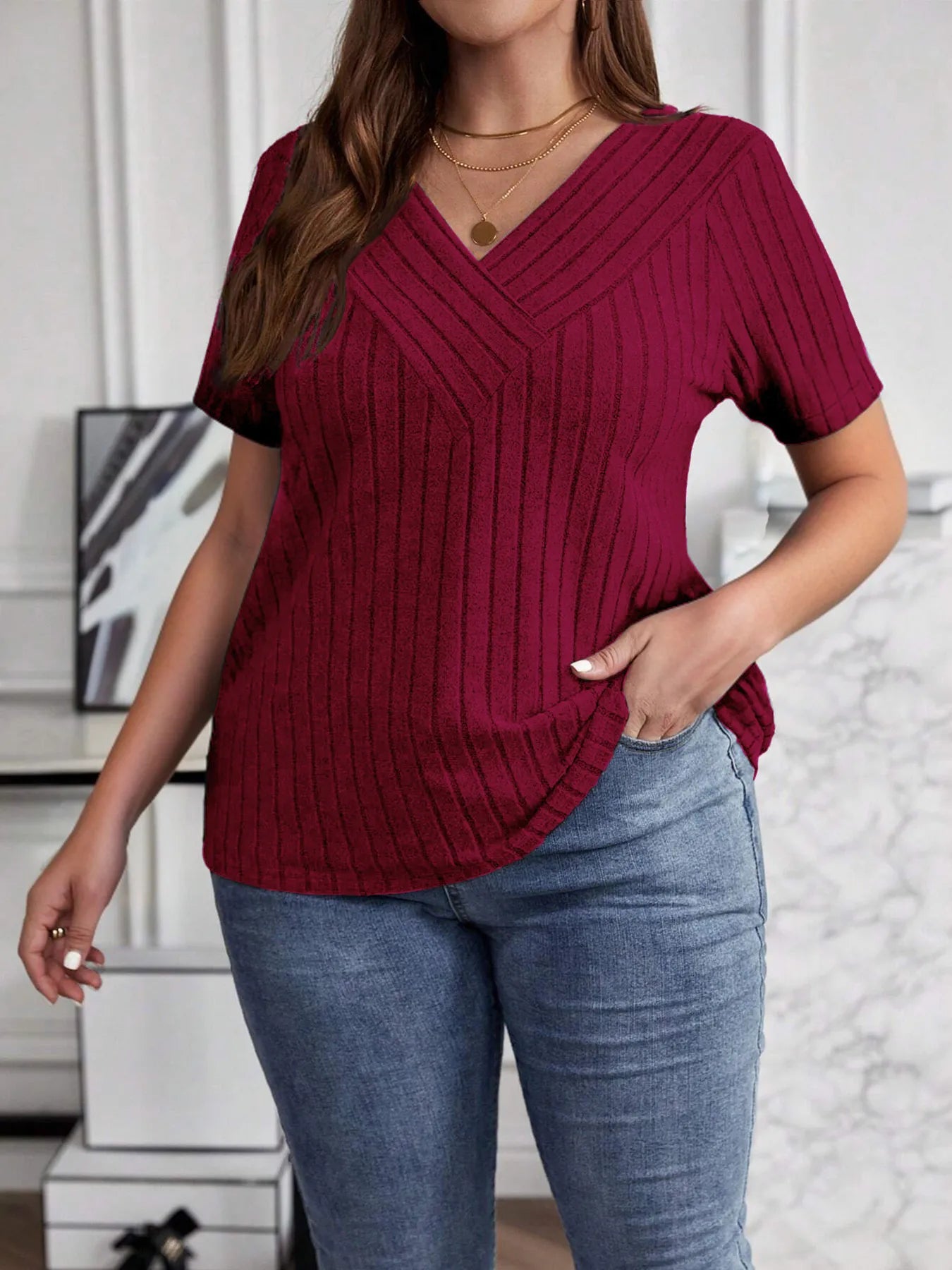 Plus Size V-Neck Short Sleeve Ribbed T-Shirt