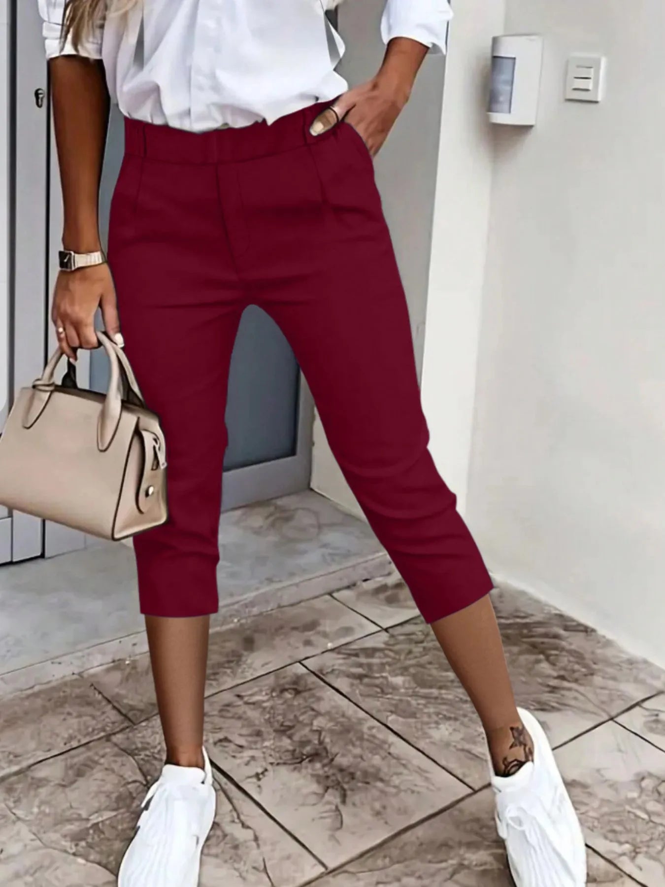 Pleated Detail Pants with Pockets Burgundy