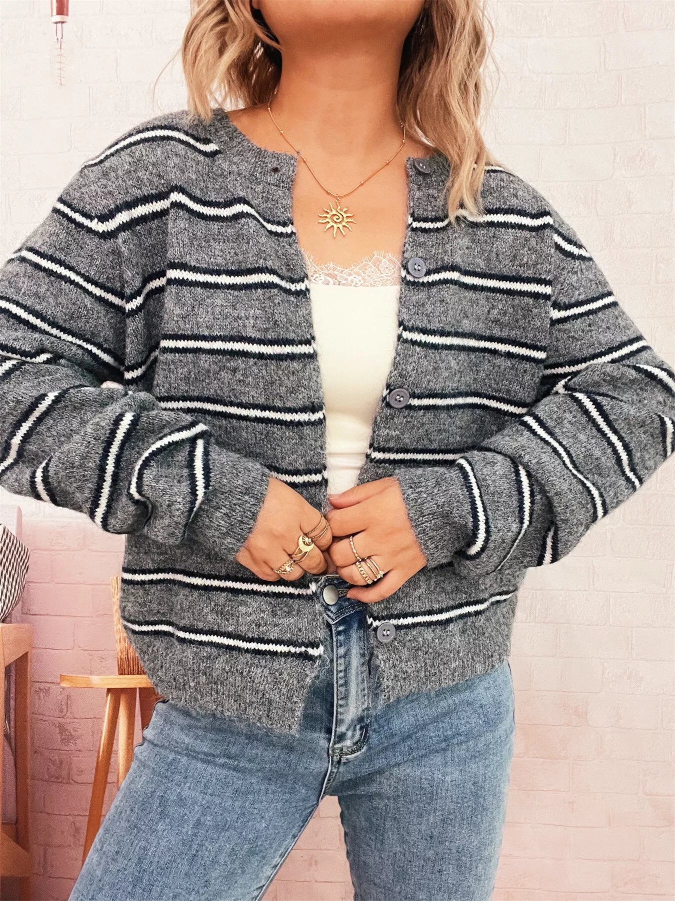 Striped Button-Up Long Sleeve Cardigan