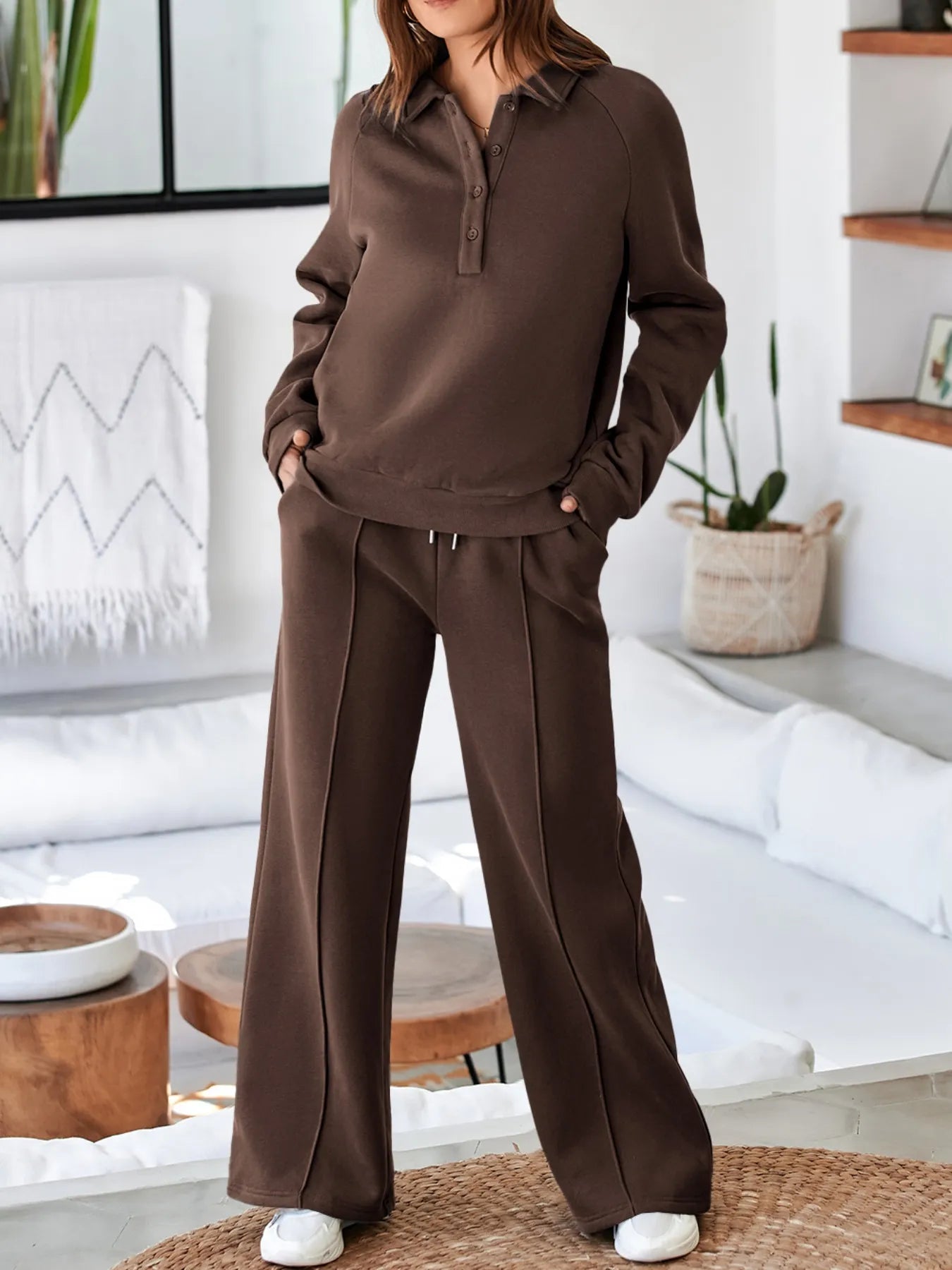Collared Sweatshirt and High Waist Pants Active Set