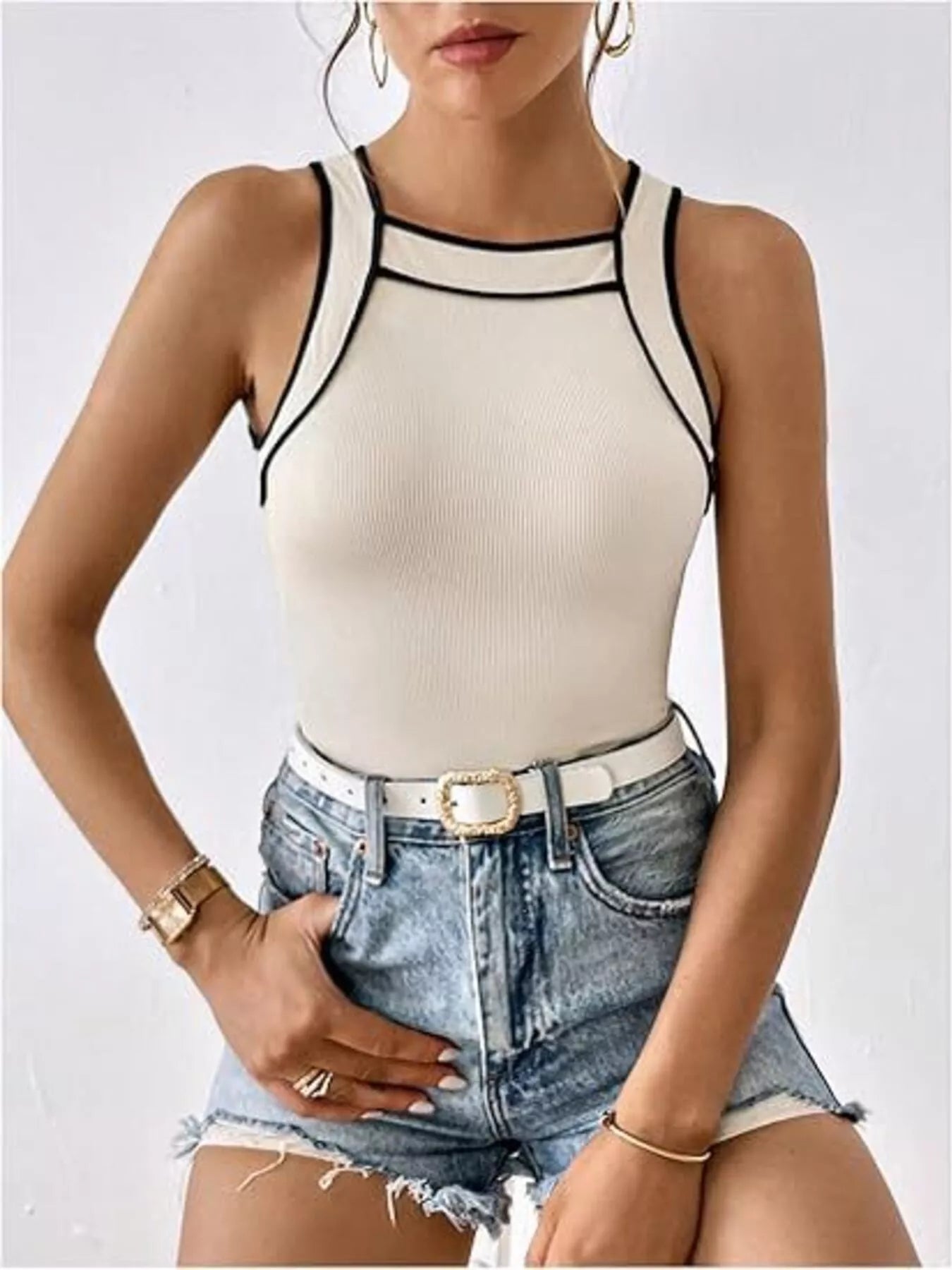 Ribbed Knit Contrast Trim Tank Top