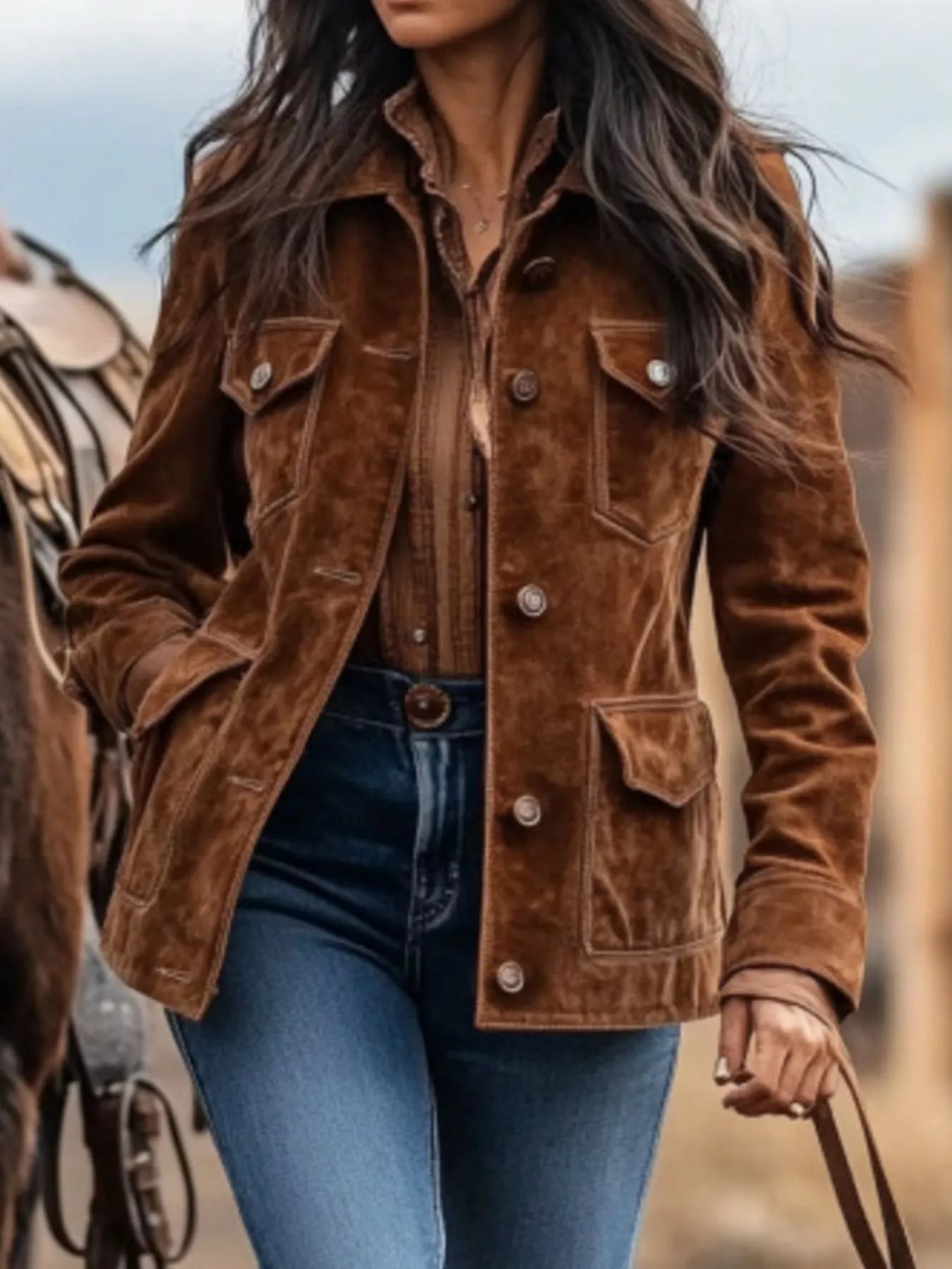 Full Size Button-Down Long Sleeve Jacket Plus Size Brown