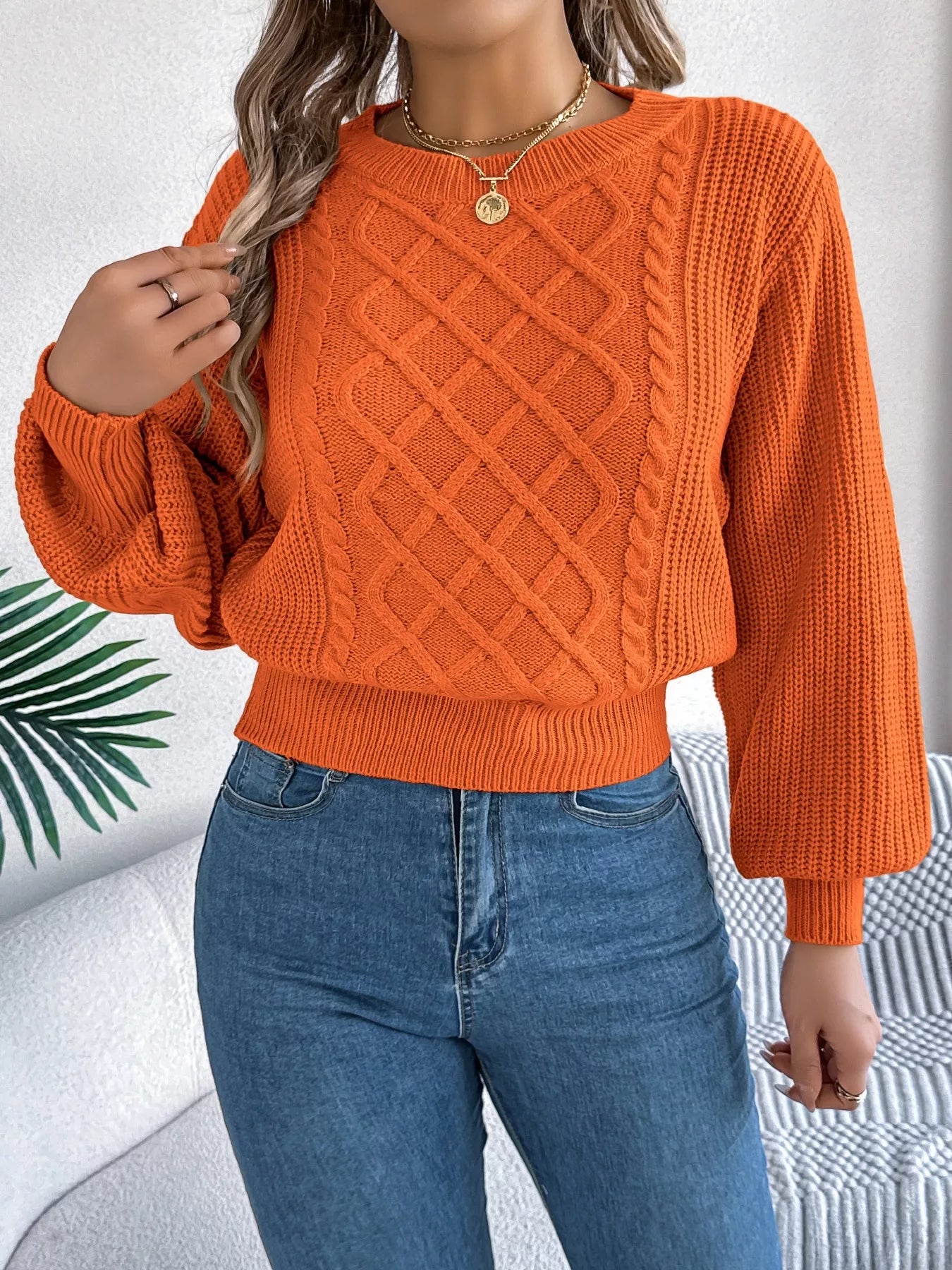 Cable Knit Diamond Pattern Long Sleeve Sweater