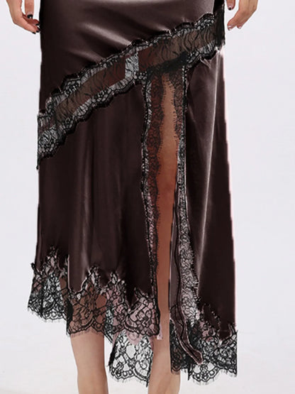 Lace Trim Asymmetrical Midi Skirt