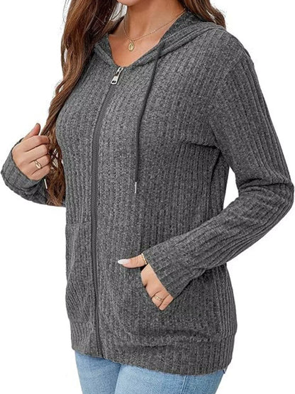 Ribbed Zip Up Hooded Outerwear