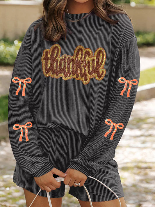 Thankful Letter Patched Sequin Bow Sleeve Twisted Ribbed Top and Short Set Dark Gray