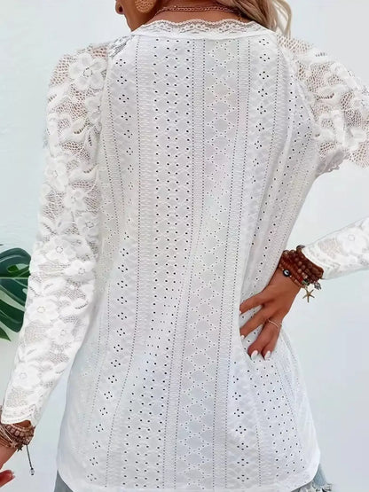 Eyelet Lace Sleeve V-Neck Blouse