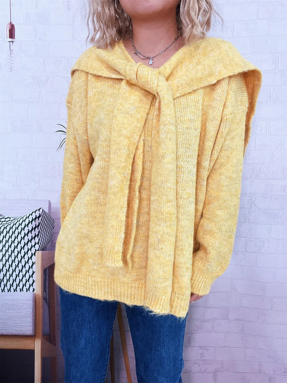 Ribbed Hem V-Neck Sweater with Shawl