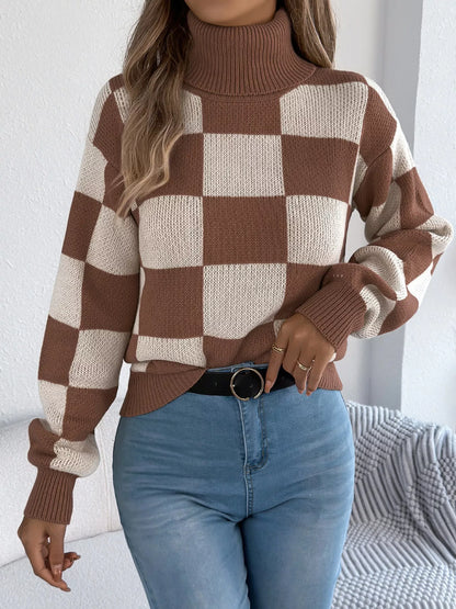 Checkered Turtleneck Long Sleeve Sweater