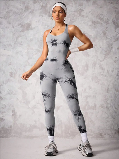 Back Crisscross Tie-Dye Scoop Neck Active Jumpsuit