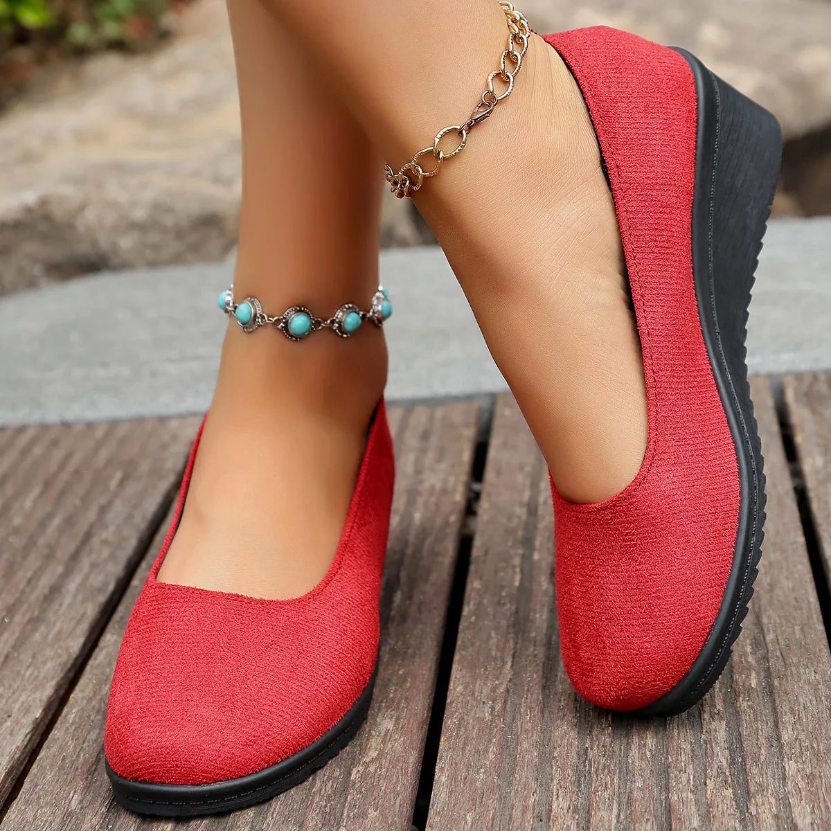 Wedge Heel Slip-On Loafers Red
