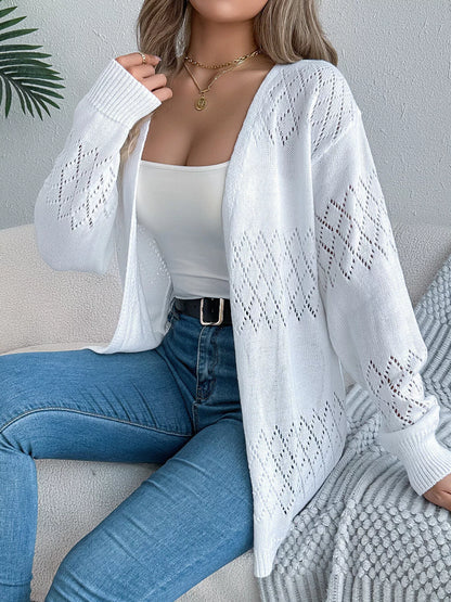 Openwork Open Front Long Sleeve Cardigan White