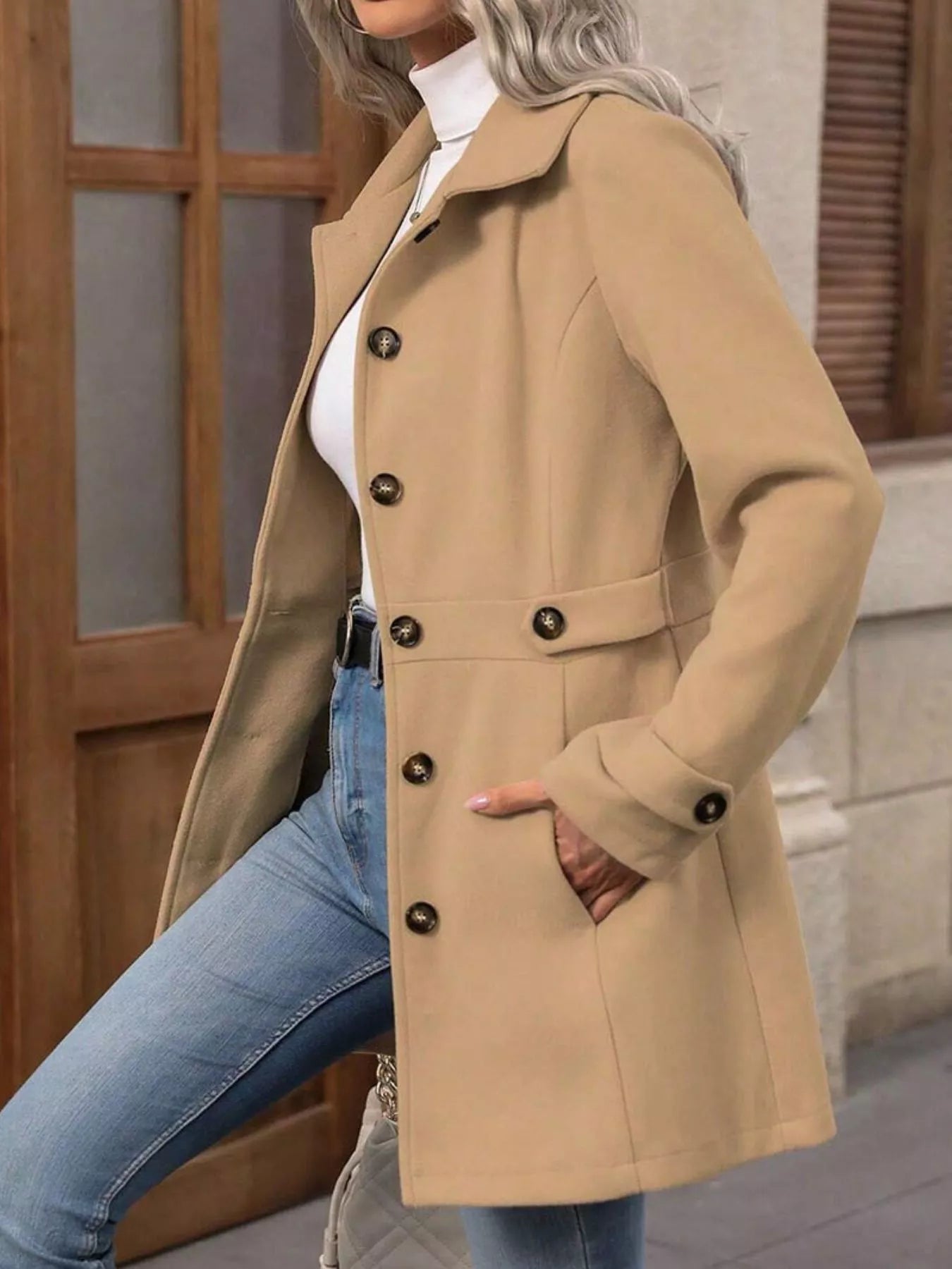 Button Up Long Sleeve Coat Khaki