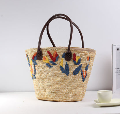 Fresh Embroidered Straw Bag Casual Bag Woven Bag Women Bag Shoulder Portable Seaside Vacation Beach Bag One Size Leaves