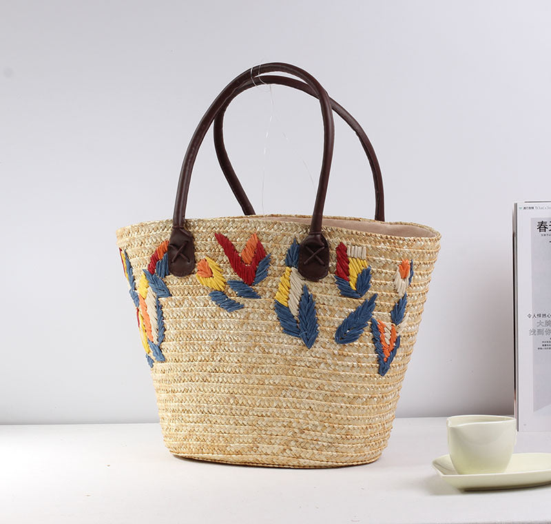 Fresh Embroidered Straw Bag Casual Bag Woven Bag Women Bag Shoulder Portable Seaside Vacation Beach Bag One Size Leaves