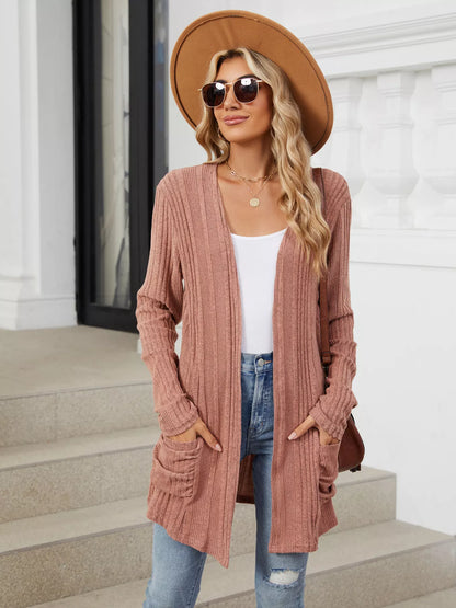 Open Front Long Cardigan Brick Red