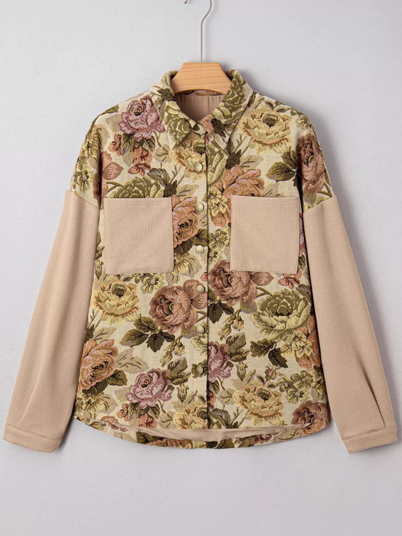 Floral Waffle Knit Patchwork Chest Pockets Buttoned Jacket
