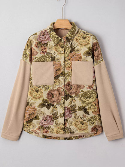 Floral Waffle Knit Patchwork Chest Pockets Buttoned Jacket