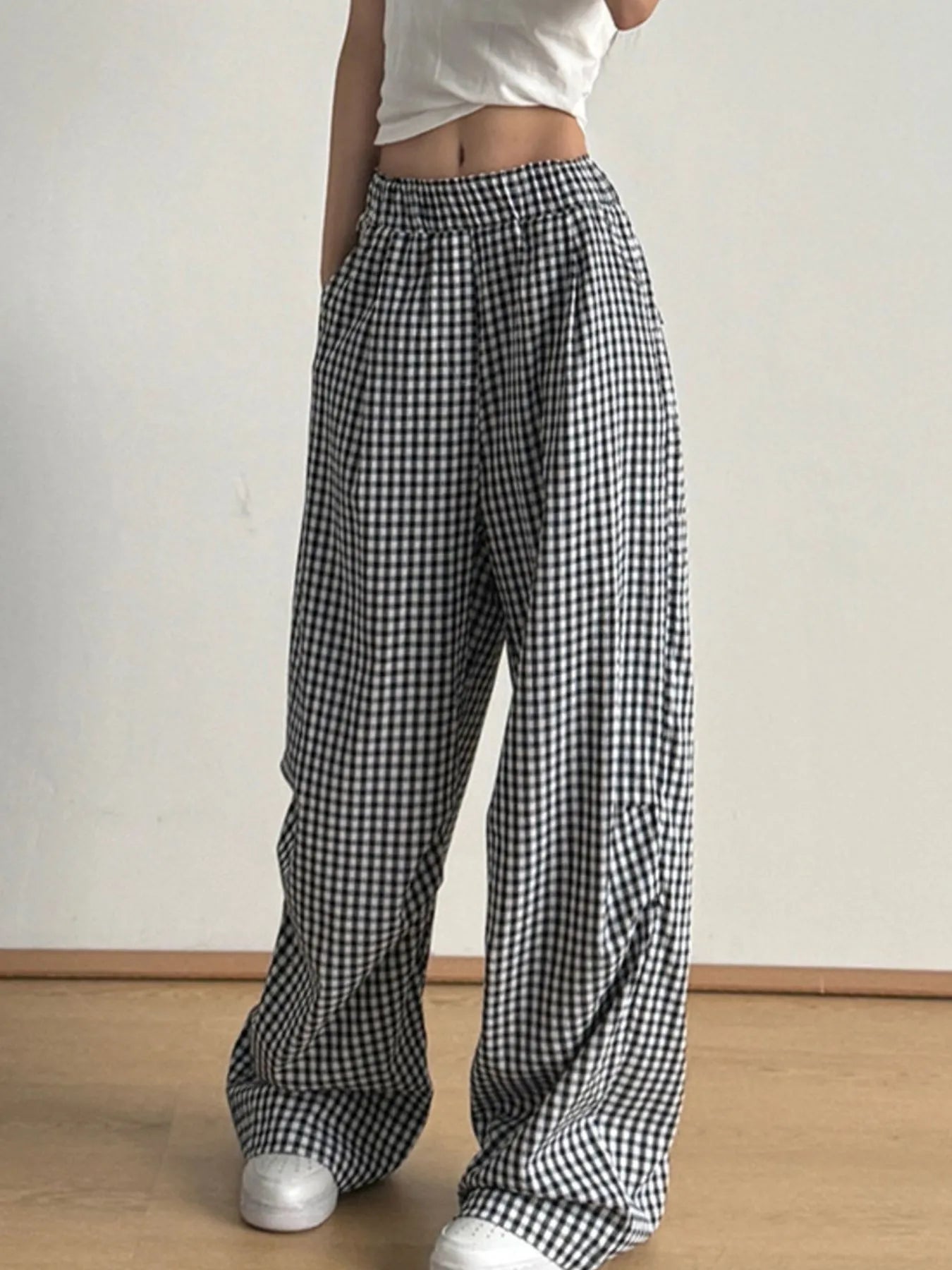 Gingham Check Wide Leg Casual Pants