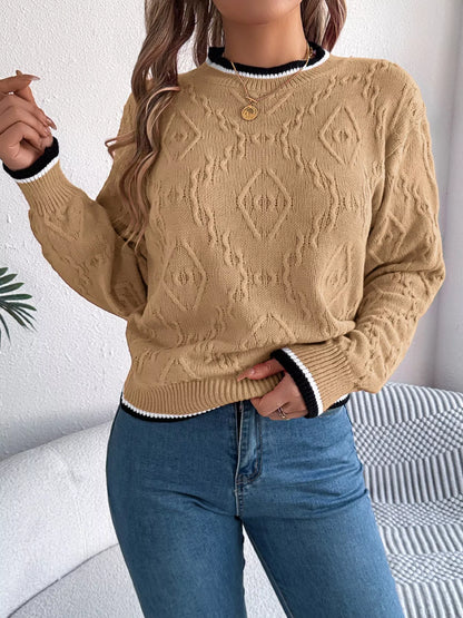 Contrast Trim Round Neck Sweater Khaki