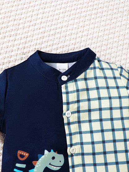 Children's Hat Dinosaur Plaid Button Up Top and Shorts 3-Piece Set