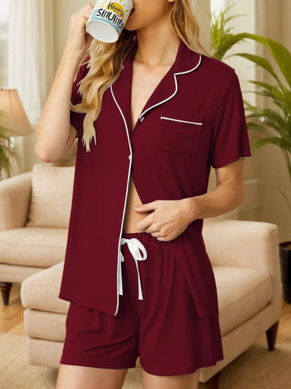 Button Up Short Sleeve Top and Shorts Lounge Set Burgundy