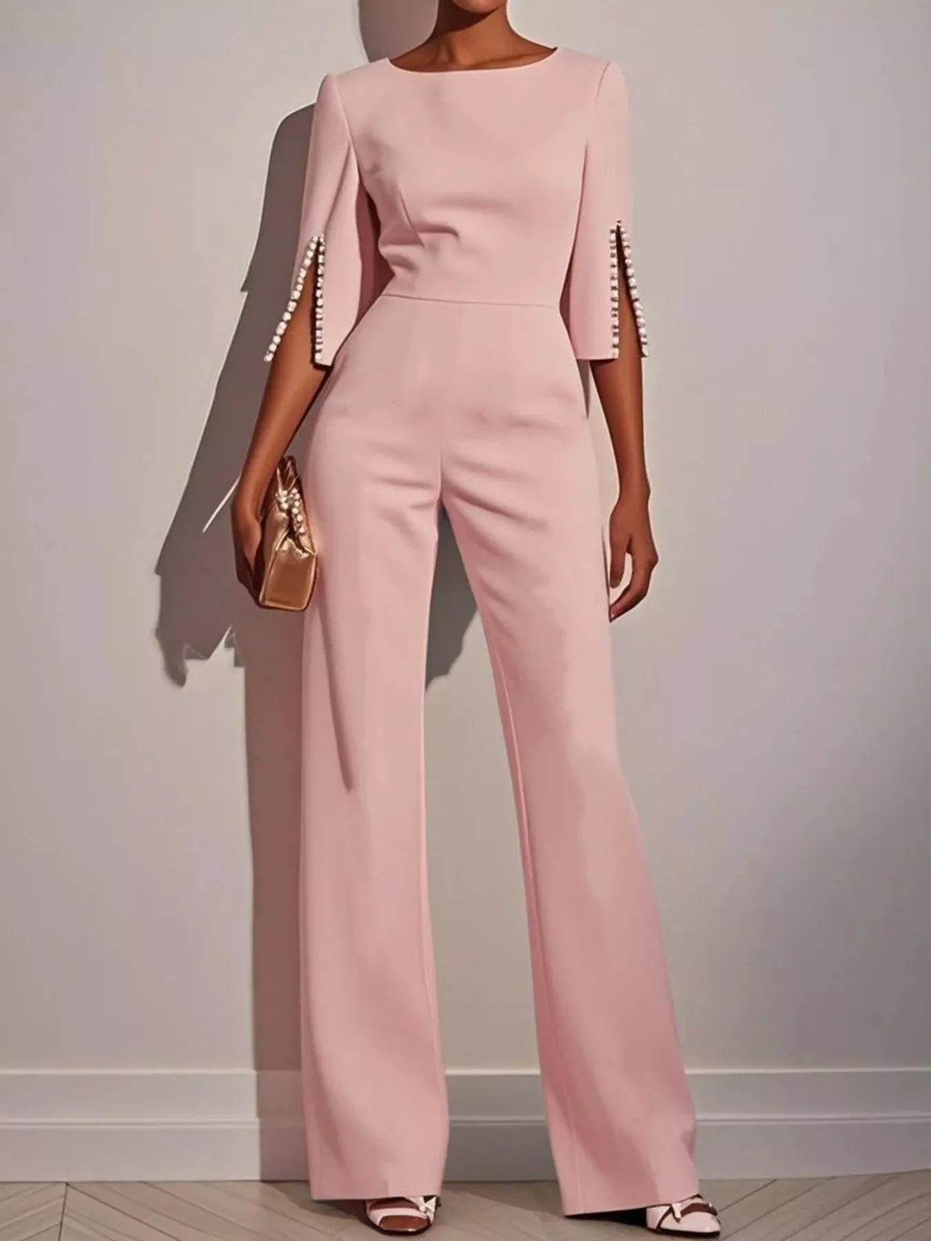 Wide-Leg Jumpsuit with Slit Sleeve Pink