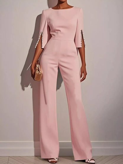 Wide-Leg Jumpsuit with Slit Sleeve Pink