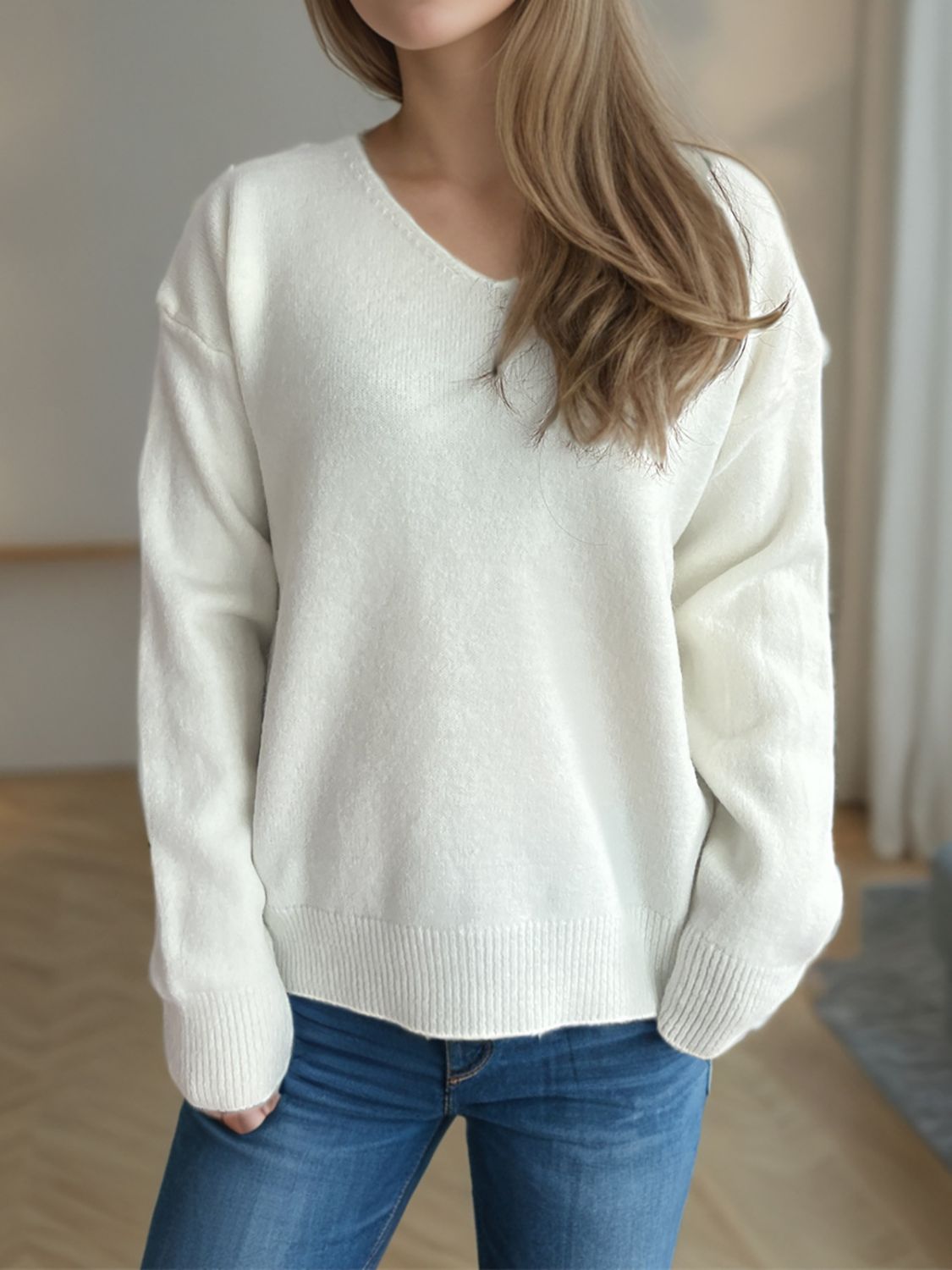 V-Neck Dropped Shoulder Long Sleeve Sweater White One Size