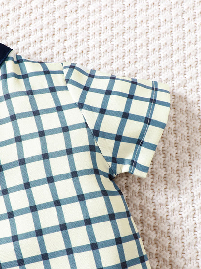 Children's Hat Dinosaur Plaid Button Up Top and Shorts 3-Piece Set