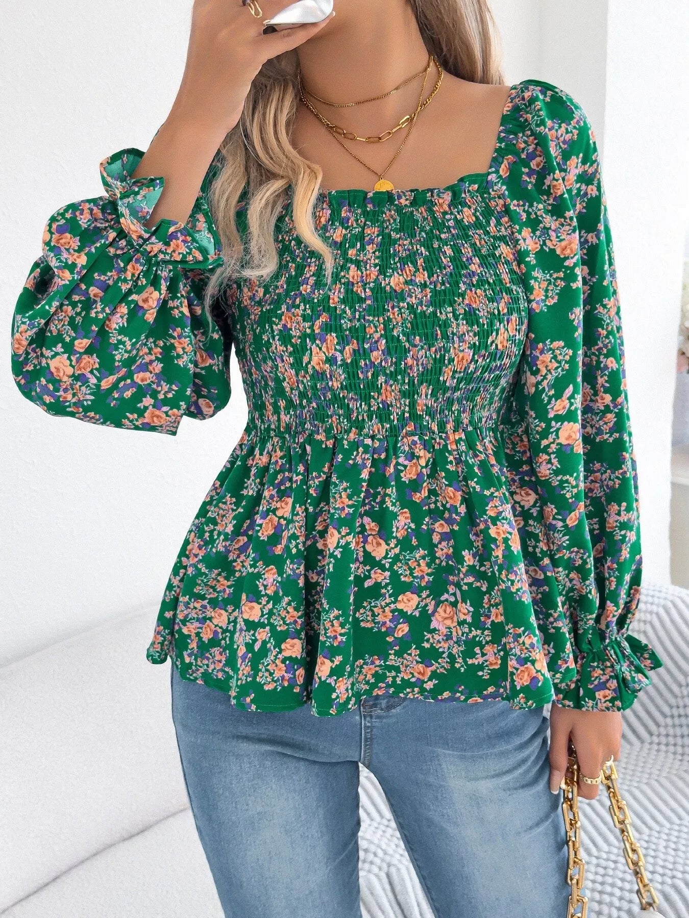 Full Size Floral Print Smocked Long Sleeve Blouse Plus Size