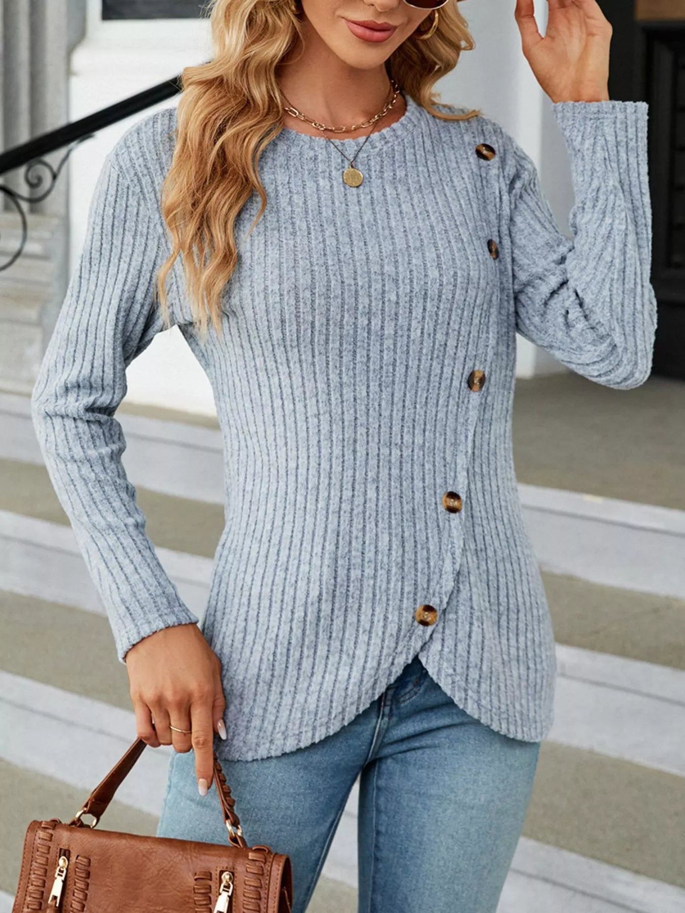 Ribbed Knit Decor Button T-Shirt Light Blue